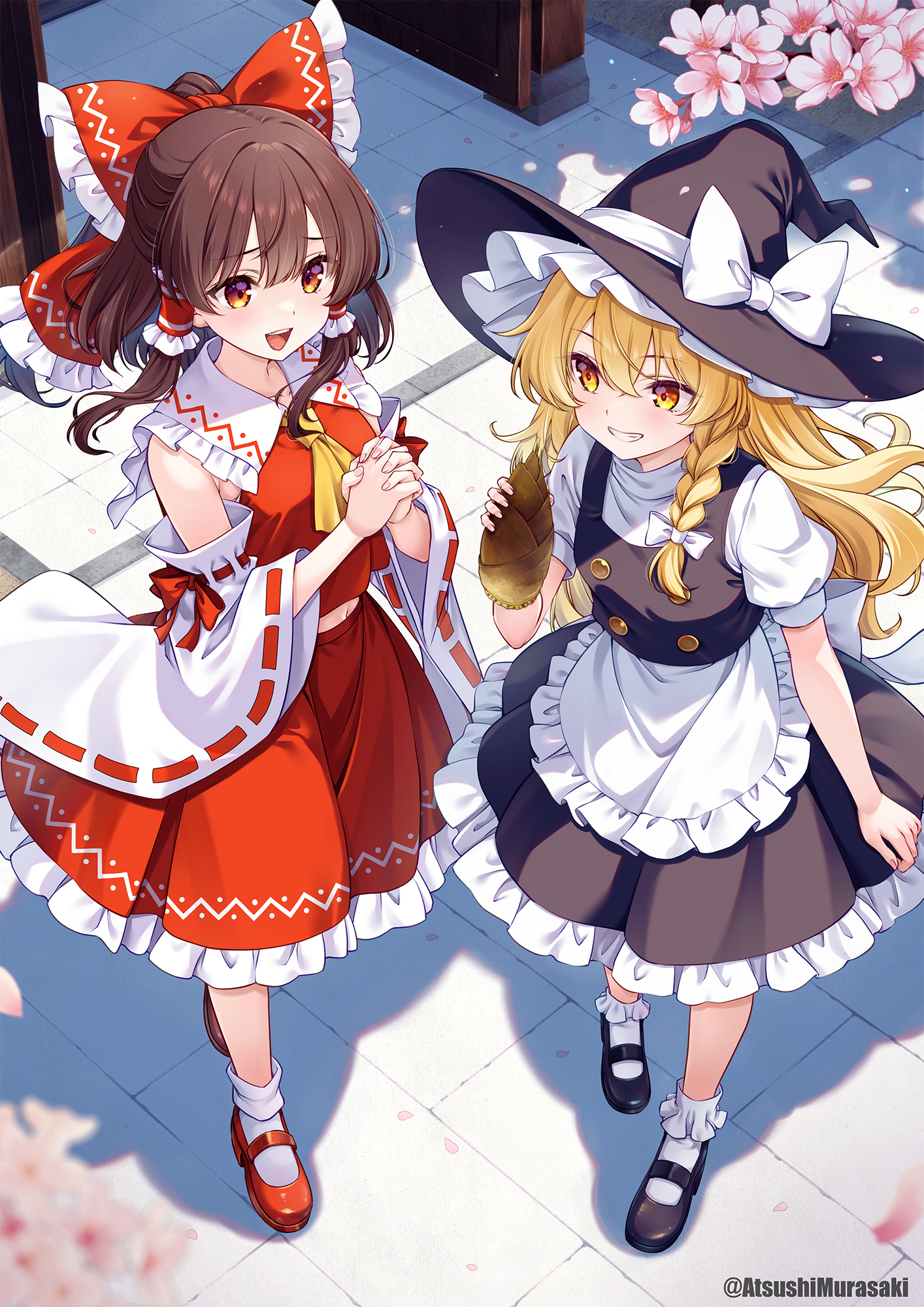 2girls :d apron bamboo_shoot black_hat black_shoes black_skirt black_vest blonde_hair blurry blurry_foreground bobby_socks bow braid brown_hair cherry_blossoms commentary_request day detached_sleeves double-parted_bangs flower frilled_bow frilled_hair_tubes frilled_skirt frills full_body grin hair_between_eyes hair_bow hair_tubes hakurei_reimu hat hat_ribbon highres interlocked_fingers kirisame_marisa long_hair long_sleeves mary_janes multiple_girls murasaki_atsushi open_mouth outdoors own_hands_together pink_flower puffy_short_sleeves puffy_sleeves red_bow red_eyes red_ribbon red_shirt red_shoes red_skirt ribbon ribbon-trimmed_sleeves ribbon_trim shadow shirt shoes short_sleeves side_braid single_braid skirt sleeveless sleeveless_shirt smile socks teeth touhou twitter_username upper_teeth_only vest waist_apron white_apron white_ribbon white_shirt white_socks wide_sleeves witch_hat