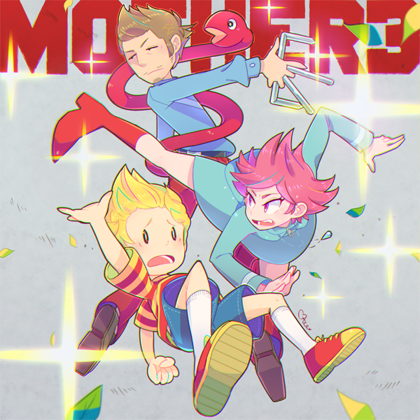 1girl 2boys artist_name belt bike_shorts blonde_hair boots brown_hair chromatic_aberration duster_(mother) facial_hair fang fingerless_gloves gloves hood hoodie jewelry kicking kumatora lucas_(mother_3) messy_hair mother_(series) mother_3 multiple_boys necklace nintendo otoe_(milkyboy_inc.) pants pink_eyes pink_hair quiff rope_snake shoes short_hair shorts sneakers staple