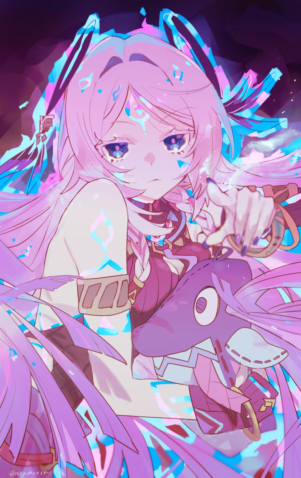 1girl analogous_colors armlet bare_shoulders blue_eyes bracelet braid citlali_(genshin_impact) facial_mark forehead_mark genshin_impact hair_intakes hair_ornament highres itzpapa_(genshin_impact) jewelry leotard long_hair looking_at_viewer meameeea multiple_bracelets pink_hair pink_pupils pointing pointing_at_viewer ring_hair_ornament solo triangle triangle_facial_mark twin_braids