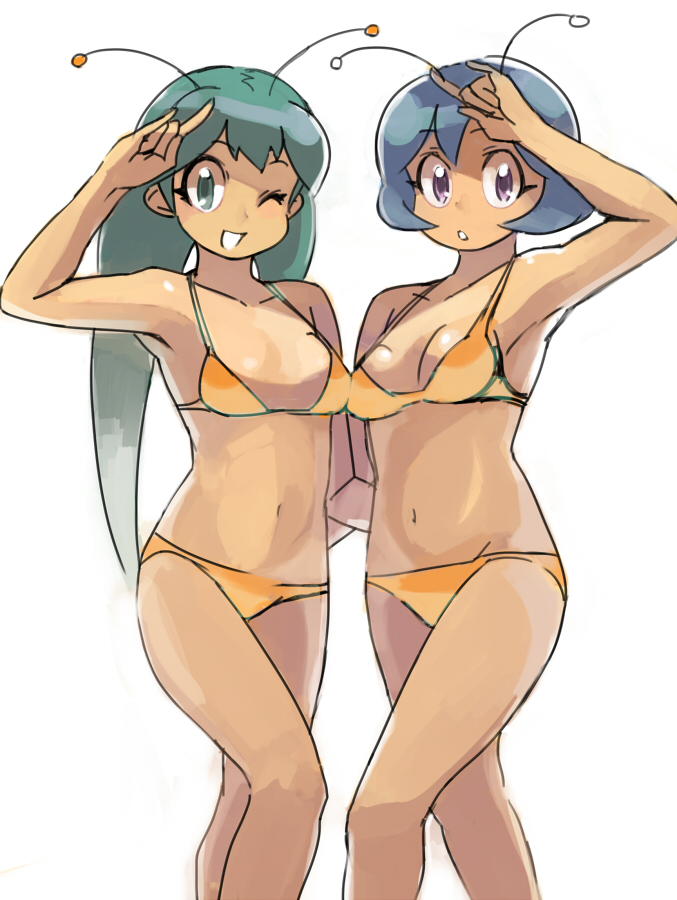 2girls \m/ antennae bad_id bad_pixiv_id bikini blue_hair green_eyes green_hair keroro_gunsou long_hair multiple_girls nekogasuki one_eye_closed poyan poyon_(keroro_gunsou) purple_eyes short_hair swimsuit symmetry wink