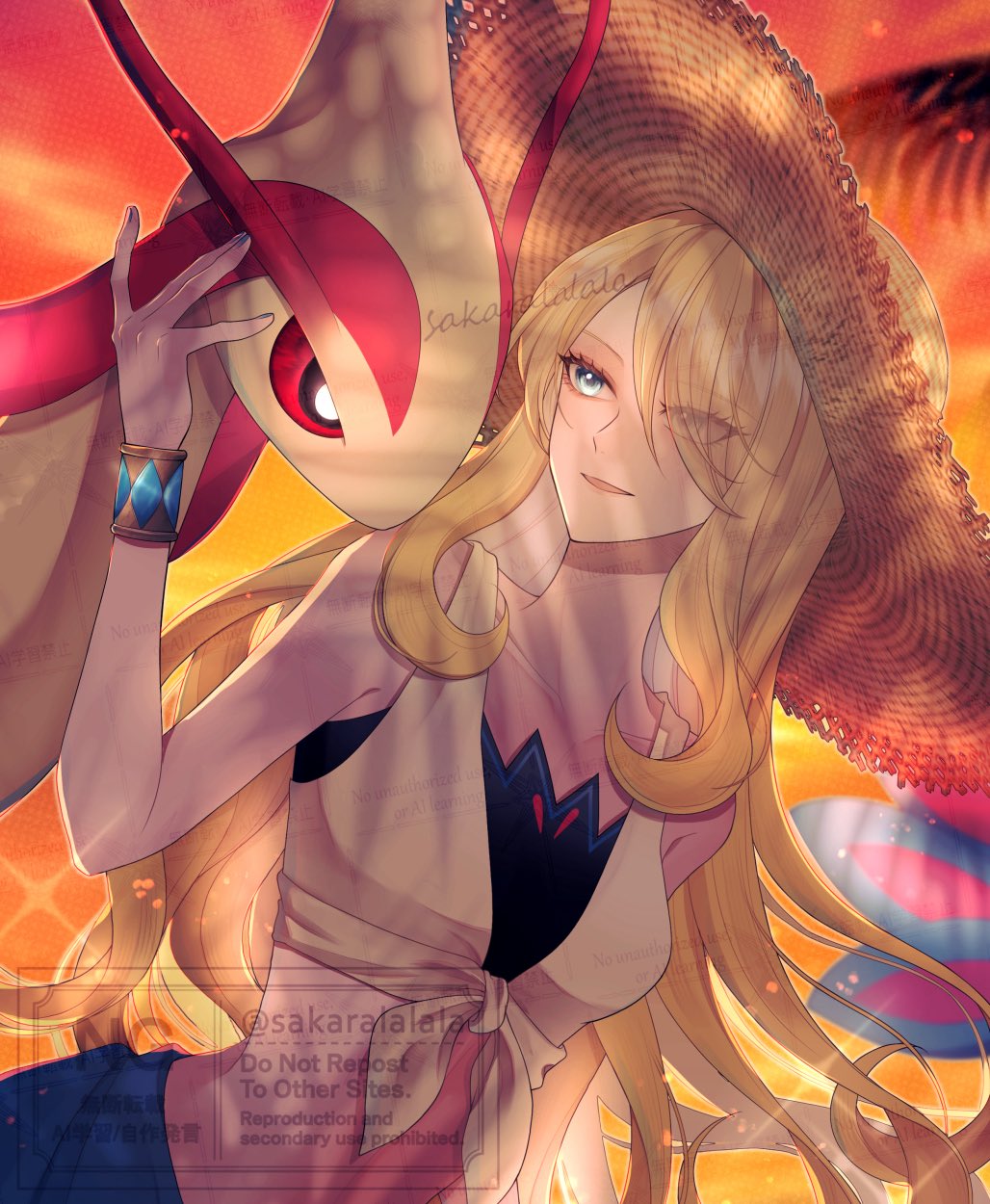 1girl bikini bikini_under_clothes blue_eyes blue_sarong bracelet breasts collarbone crop_top cynthia_(pokemon) cynthia_(summer_2025)_(pokemon) dutch_angle eyes_visible_through_hair gen_3_pokemon hair_over_one_eye hat highres jewelry long_hair milotic nintendo official_alternate_costume orange_sky outdoors parted_lips pokemon pokemon_(creature) pokemon_masters_ex revision sakaralalala sarong shirt sky straw_hat sunset swimsuit tied_shirt upper_body very_long_hair