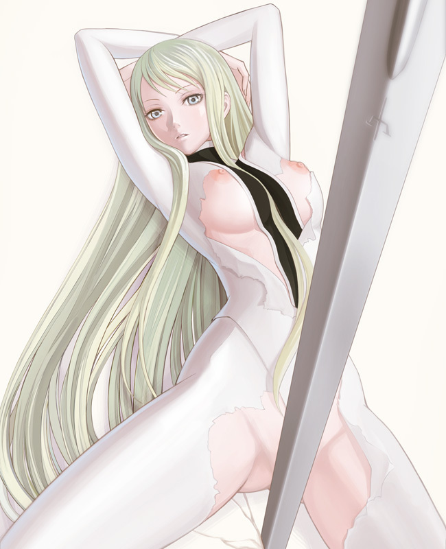 1girl bad_id bad_pixiv_id bocorot breasts censored claymore_(series) claymore_(sword) convenient_censoring female_focus galatea green_eyes green_hair grey_eyes long_hair matching_hair/eyes no_panties solo spread_legs sword torn_clothes very_long_hair weapon