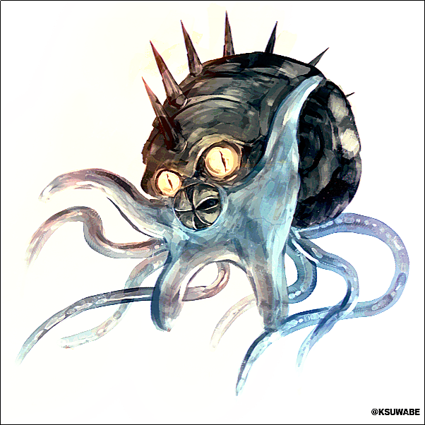beak bone commentary_request gen_1_pokemon k-suwabe looking_at_viewer monster nintendo no_humans omastar pokemon pokemon_(creature) slit_pupils solo spikes tentacles translucent twitter_username white_background yellow_eyes