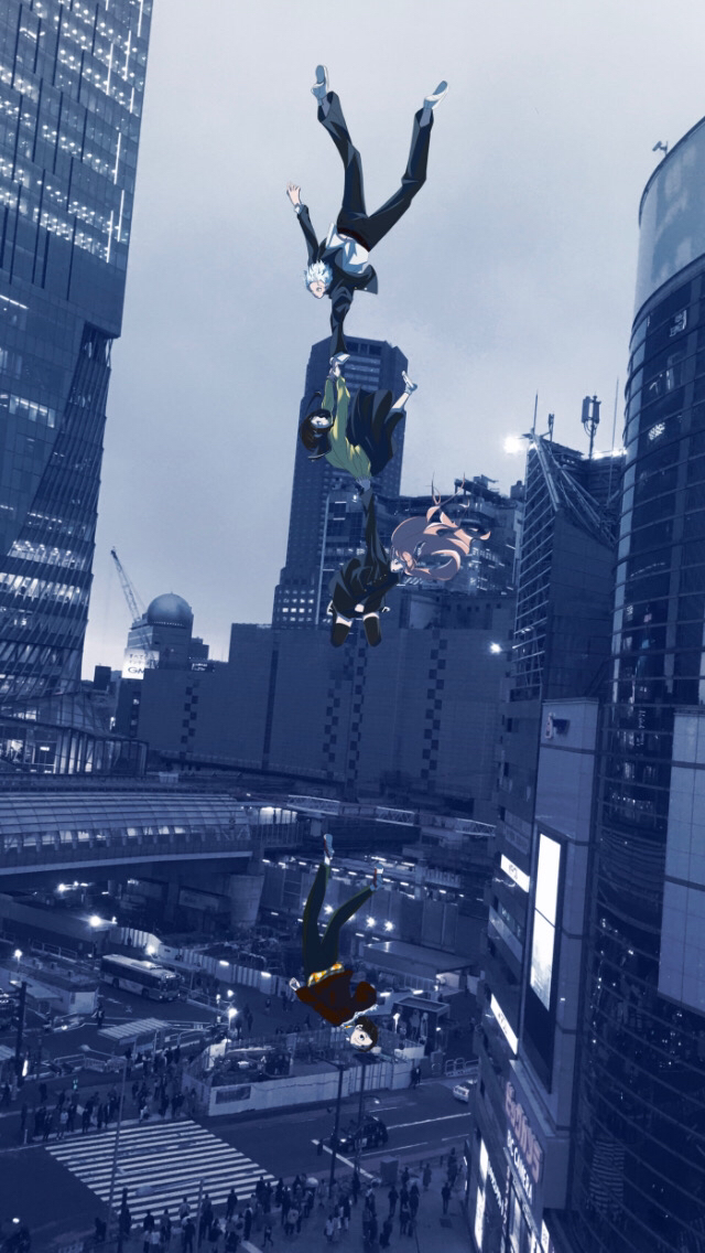 1girl 3boys architecture ayukawa_ryuuji blue_background blue_period blue_theme building bus car cityscape crane_(machine) crossdressing falling holding_on jacket lamppost mori_maru motor_vehicle multiple_boys school_uniform shibuya_(tokyo) shibuya_scramble_crossing shirt skirt swrr5587 takahashi_yotasuke tokyo_(city) white_hair yaguchi_yatora yellow_shirt