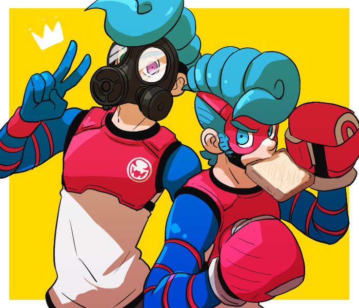 2boys arms_(game) blue_eyes blue_hair bread bread_slice colk_(colk_com) cosplay food food_in_mouth gas_mask gloves green_eyes heterochromia kid_cobra mask multiple_boys nintendo pompadour purple_eyes spring_man_(arms) spring_man_(arms)_(cosplay) upper_body v yellow_background