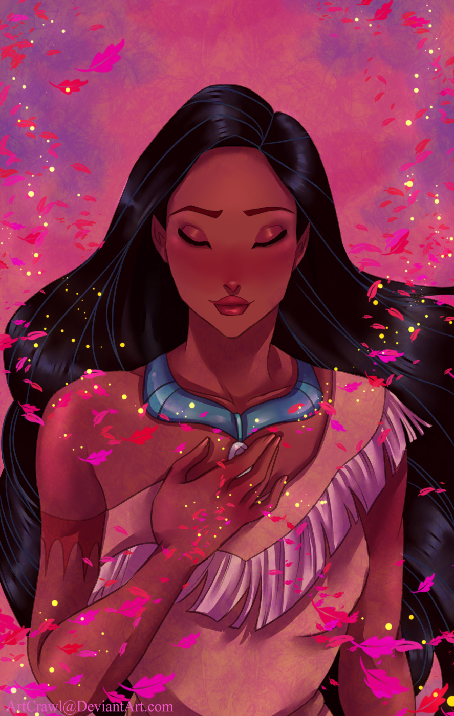1girl artcraawl artist_name black_hair blush closed_eyes dark-skinned_female dark_skin dress highres jewelry long_hair native_american necklace pocahontas_(disney) pocahontas_(movie) solo very_dark_skin watermark web_address