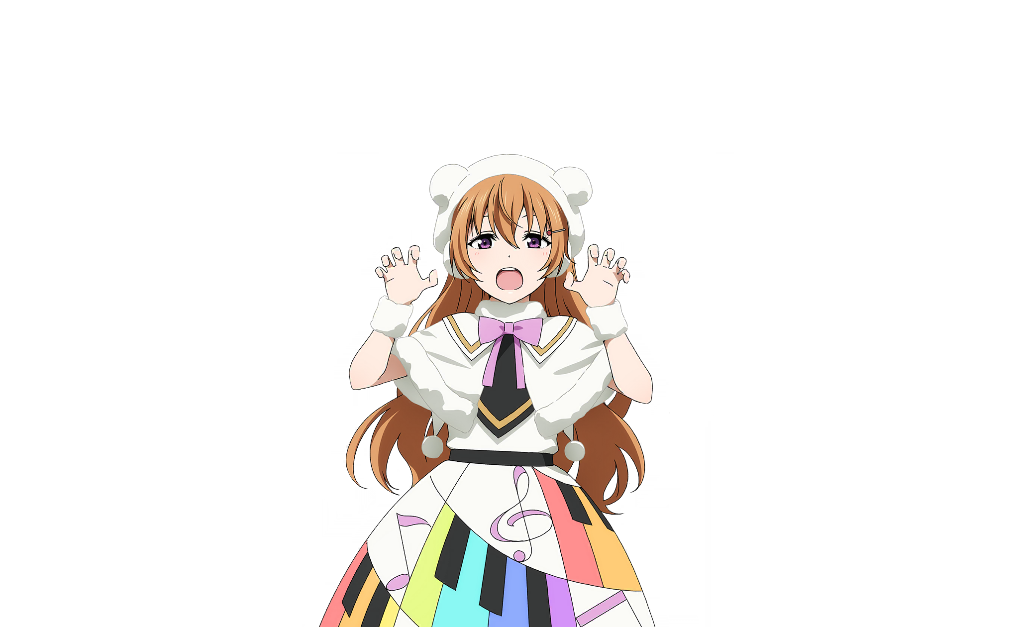 1girl animal_hat bear_hat blush brown_hair capelet claw_pose colorful_dreams!_colorful_smiles!_(love_live!) cowboy_shot dress earmuffs fur-trimmed_capelet fur-trimmed_collar fur_trim hair_ornament hairclip hands_up hat highres konoe_kanata long_hair looking_at_viewer love_live! love_live!_nijigasaki_high_school_idol_club love_live!_school_idol_festival_2 musical_note musical_note_print neck_ribbon official_art open_mouth piano_print purple_eyes purple_ribbon rainbow_print ribbon solo teeth transparent_background upper_teeth_only wavy_hair white_capelet white_dress white_hat wristband