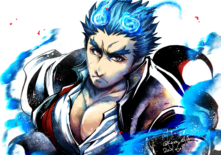 1boy bara blue_fire blue_hair collared_shirt commentary_request cross_scar dated facial_scar fiery_horns fire forked_eyebrows furrowed_brow gakuran hair_slicked_back horns kano_(kano_to10) large_pectorals light_particles long_sideburns looking_at_viewer male_focus muscular muscular_male partially_unbuttoned pectoral_cleavage pectorals red_eyes sakimori_toji scar scar_on_cheek scar_on_face school_uniform serious shirt short_hair sideburns solo thick_eyebrows tokyo_houkago_summoners twitter_username upper_body white_background white_shirt