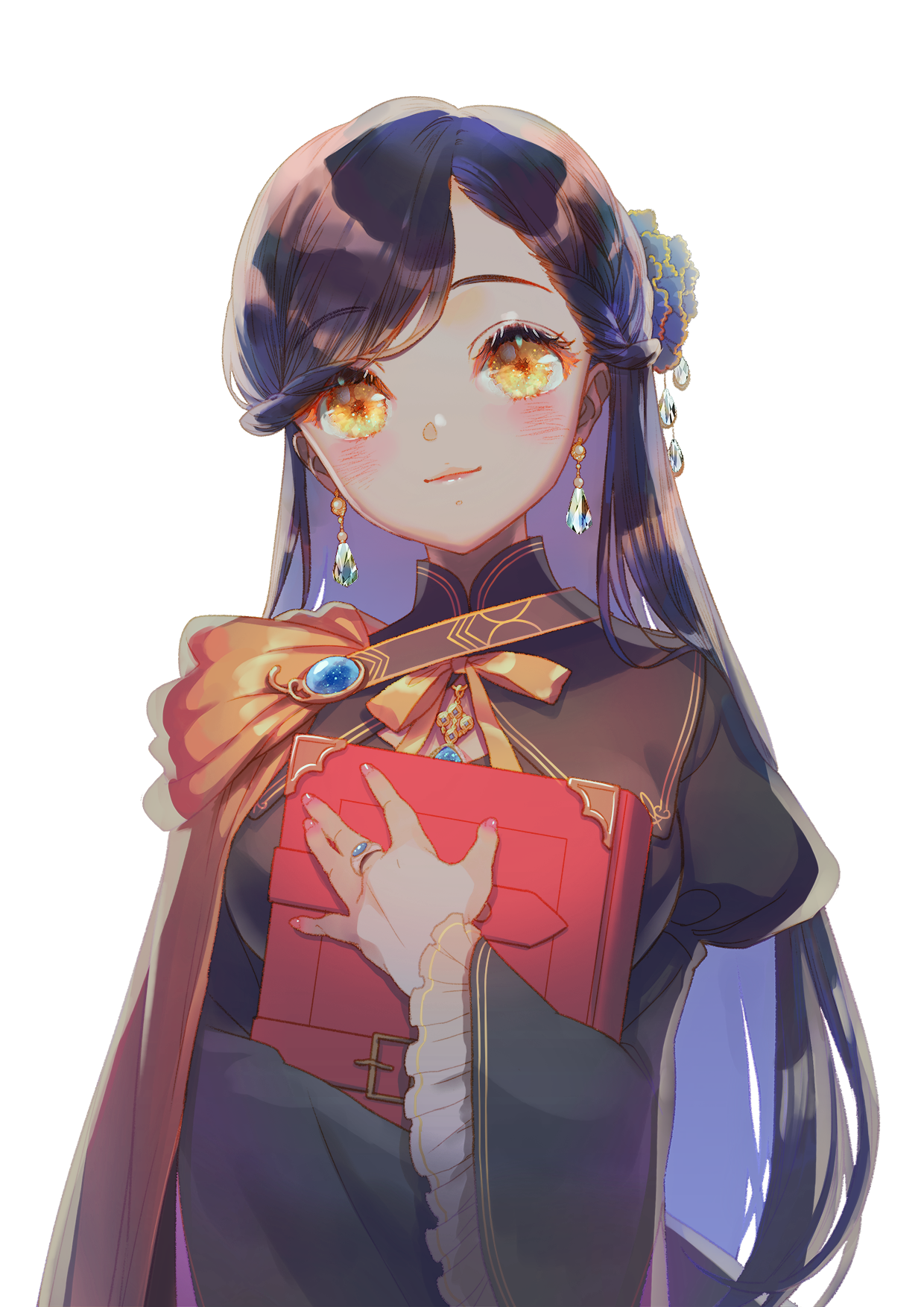 1girl black_dress blue_hair blush book braid breasts brooch cape closed_mouth dress earrings eyelashes flower frilled_sleeves frills gem hair_flower hair_ornament half_updo highres holding holding_book honzuki_no_gekokujou hugging_object jewelry juliet_sleeves lipstick long_hair long_sleeves looking_at_viewer myne_(honzuki_no_gekokujou) makeup medium_breasts nail_polish neck_ribbon pendant pink_nails puffy_sleeves ribbon ring side_cape simple_background smile solo sparkle swept_bangs upper_body white_background wide_sleeves yellow_cape yellow_eyes yukino_neko