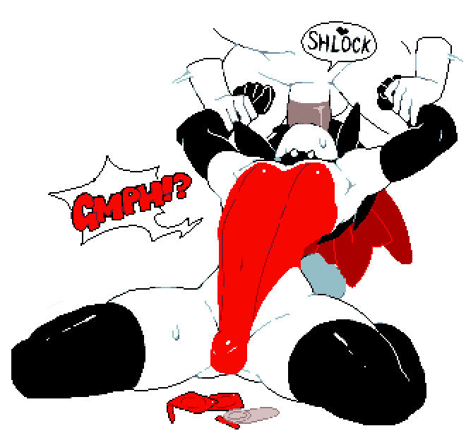 2boys bulge deepthroat dizzyspells fellatio gluteal_fold irrumatio leotard multiple_boys oral original penis scythe_(dizzyspells) spread_legs thighhighs yaoi
