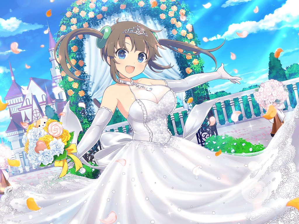 1girl arch armpits banister bare_shoulders blue_eyes blue_sky blunt_bangs blush bouquet bow breasts bride brown_hair building bush candy choker church cleavage cloud collarbone day dress elbow_gloves fang fir_tree floral_print flower food forest frilled_gloves frills gloves hamster heart holding holding_bouquet holding_candy holding_food holding_lollipop jewelry lace lace-trimmed_dress lace_trim large_breasts leaf light_particles light_rays lollipop looking_at_viewer minori_(senran_kagura) nature official_alternate_costume official_art open_mouth outdoors outstretched_arms pendant pink_petals plant ring_hair_ornament rose senran_kagura senran_kagura_new_link senran_kagura_shinovi_versus shiny_skin sidelocks sky smile solo sparkle spread_arms steeple sunlight swirl_lollipop tiara tower tree twintails waist_bow wedding wedding_dress white_bow white_choker white_dress white_flower white_gloves white_rose yaegashi_nan yellow_bow yellow_flower yellow_petals yellow_rose