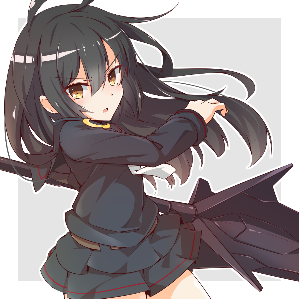 1girl ahoge black_hair black_sailor_collar black_serafuku black_skirt blush cowboy_shot crescent crescent_pin hair_between_eyes holding holding_weapon kantai_collection long_hair long_sleeves mikazuki_(kancolle) necktie open_mouth pleated_skirt sailor_collar school_uniform serafuku skirt solo utouto weapon white_necktie yellow_eyes