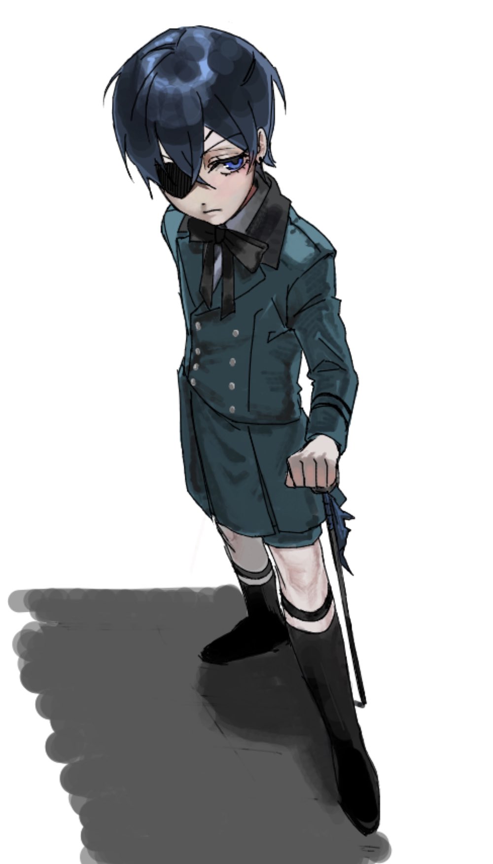 1boy bishounen blue_eyes blue_hair bow ciel_phantomhive closed_mouth earrings eyepatch hair_between_eyes highres jewelry kuroshitsuji male_focus ouji_fashion ribbon short_hair solo victorian xsugoopjqu63659