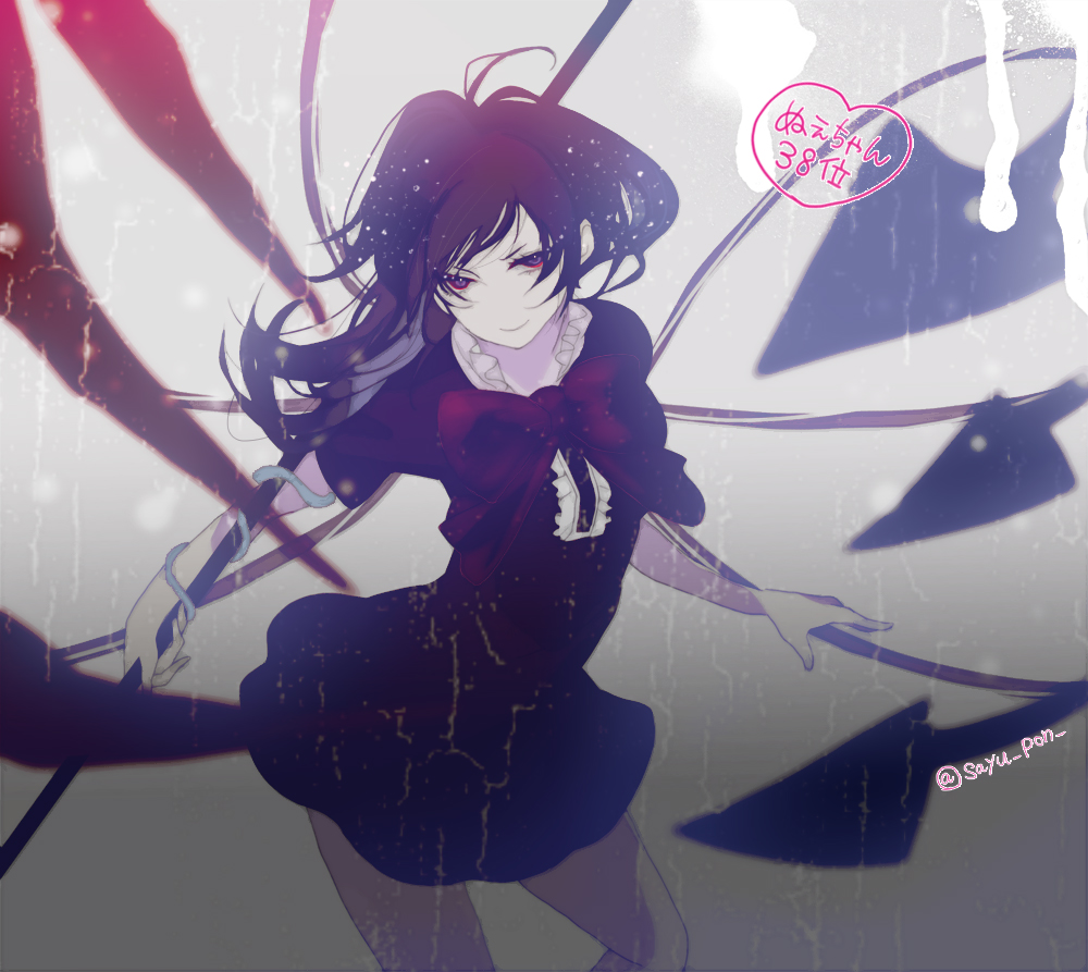 1girl asymmetrical_wings black_dress black_hair blue_wings bow bowtie buttons center_frills closed_mouth commentary_request cowboy_shot dress frilled_dress frills holding houjuu_nue kiui_(kogane) long_hair looking_at_viewer nue polearm rain red_bow red_bowtie red_eyes red_wings short_dress short_sleeves smile solo touhou trident twitter_username weapon wings