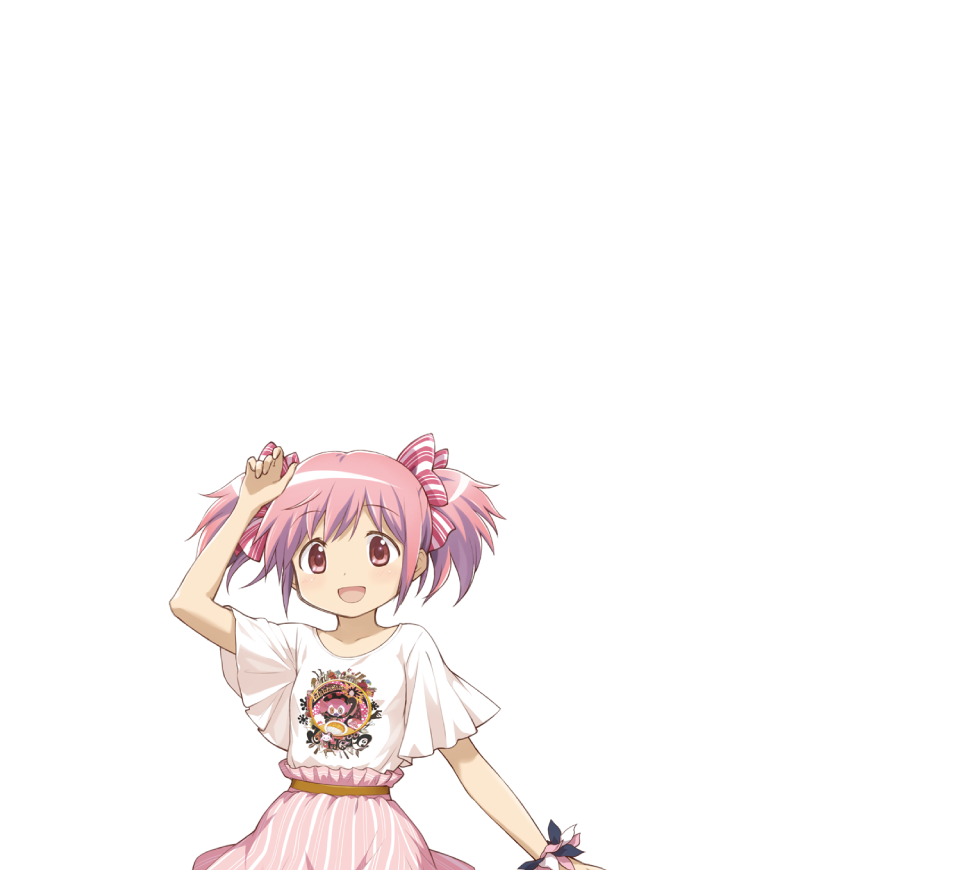 1girl :d arm_at_side arm_up blush bow character_print coco_ichibanya dot_nose hair_bow kaname_madoka looking_at_viewer magia_record:_mahou_shoujo_madoka_magica_gaiden mahou_shoujo_madoka_magica official_art open_mouth pink_bow pink_hair pink_skirt print_shirt scrunchie shirt short_hair short_sleeves simple_background skirt smile solo striped_bow striped_clothes striped_skirt swept_bangs t-shirt transparent_background twintails upper_body vertical-striped_clothes vertical-striped_skirt white_shirt wrist_scrunchie