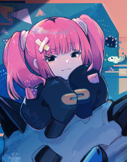 1girl black_eyes black_shirt closed_mouth co-li_star commentary_request coral_(pokemon) gen_3_pokemon gen_5_pokemon gen_7_pokemon glalie hair_ornament long_sleeves looking_at_viewer nintendo pink_hair pokemon pokemon_(anime) pokemon_(creature) pokemon_horizons pyukumuku shirt sleeves_past_fingers sleeves_past_wrists smile twintails tynamo