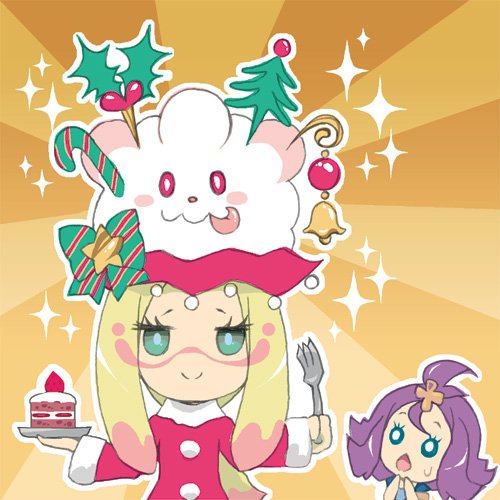 2girls :o acerola_(pokemon) aqua_eyes blonde_hair cake chestnut_mouth chibi christmas closed_mouth elite_four facepaint food fork fruit fur_trim gen_6_pokemon hair_ornament hands_on_own_face holding holding_plate long_hair long_sleeves lowres macedonian_flag mina_(pokemon) minogame multiple_girls nintendo open_mouth outline paint plate pokemon pokemon_(creature) pokemon_sm pom_pom_(clothes) purple_hair santa_costume short_hair slurpuff smile sparkle strawberry sunburst sweatdrop topknot trial_captain