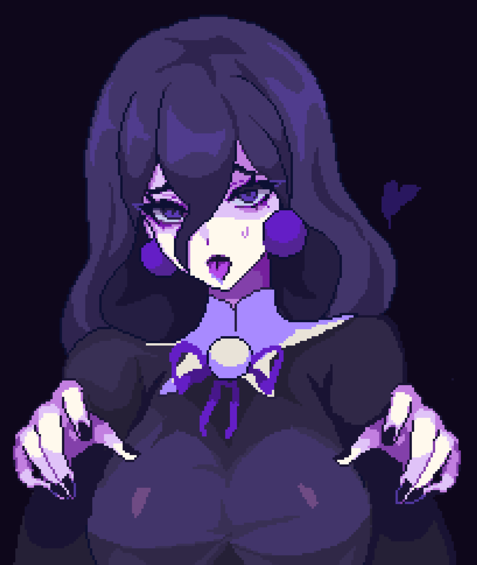 1girl black_background black_nails bow breasts dress earrings ghost_pose heart hex_maniac_(pokemon) hex_maniac_(pokemon_legends:_z-a) high_collar highres jewelry large_earrings long_dress long_hair long_sleeves looking_at_viewer nintendo open_mouth pearl_earrings pixel_art pixelcadete pokemon pokemon_legends:_z-a purple_dress purple_eyes purple_hair raised_inner_eyebrows simple_background solo sphere_earrings sweat tongue tongue_out