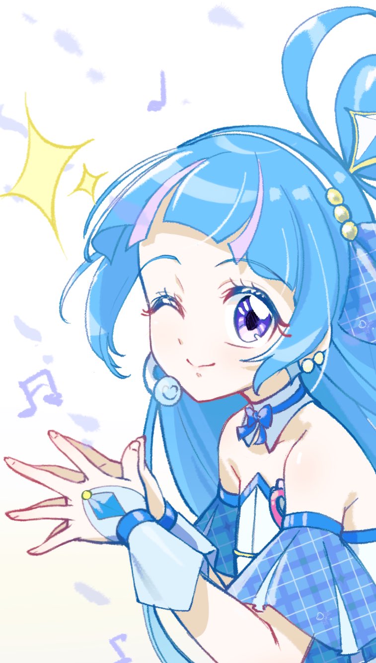 1girl aokaze_nana arched_bangs blue_dress blue_hair bow bow_choker choker cure_wink detached_collar detached_sleeves dress earrings eyelashes hair_bow hair_bun hairband headset highres jewelry kimi_to_idol_precure long_hair looking_at_viewer magical_girl musical_note one_eye_closed plaid_clothes plaid_sleeves precure purple_eyes purple_hair rice_rabbit22 short_sleeves simple_background single_hair_bun smile solo steepled_fingers strapless strapless_dress upper_body white_background