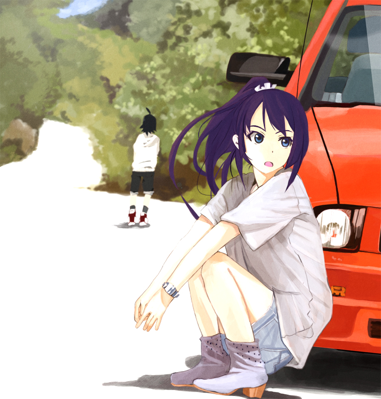 00s 110_gou 1boy 1girl ahoge araragi_koyomi bad_id bad_pixiv_id bakemonogatari black_hair blue_eyes car ford ford_mustang ford_mustang_s197 long_hair monogatari_(series) motor_vehicle ponytail purple_hair senjougahara_hitagi shoes short_hair squatting