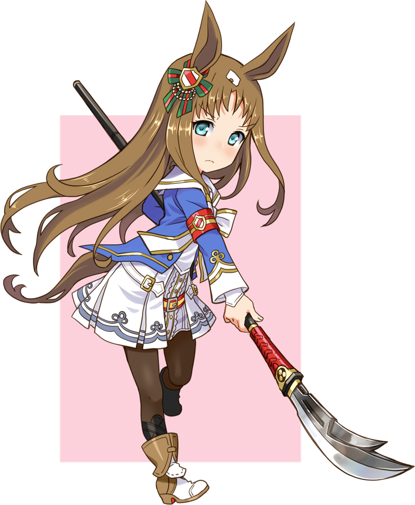animal_ears black_pantyhose blue_eyes blue_shirt boots brown_boots brown_hair closed_mouth commentary dress ear_ornament foreshortening frown grass_wonder_(umamusume) holding holding_weapon horse_ears horse_girl horse_tail katahira_masashi legs_up long_sleeves naginata pantyhose pleated_dress polearm sailor_collar sailor_shirt shirt short_dress standing standing_on_one_leg tail umamusume weapon white_dress white_sailor_collar