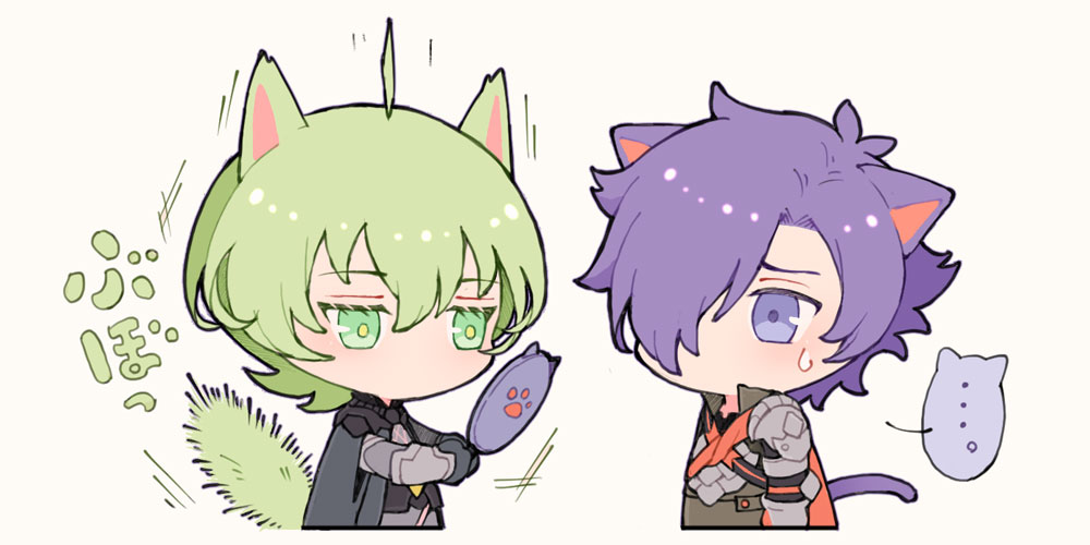... 2boys animal_ears cat_ears cat_tail colored_speech_bubble eyelashes fire_emblem fire_emblem:_three_houses fire_emblem_warriors:_three_hopes green_eyes green_hair hair_between_eyes hair_over_one_eye holding holding_mirror jitome kemonomimi_mode kuhaha looking_at_another looking_at_mirror male_byleth_(enlightened)_(fire_emblem) male_byleth_(fire_emblem) male_focus male_shez_(fire_emblem) mirror multiple_boys nervous_sweating nintendo no_mouth one_eye_covered parted_bangs parted_hair purple_ears purple_eyes simple_background speech_bubble spoken_ellipsis surprised sweat tail translation_request white_background