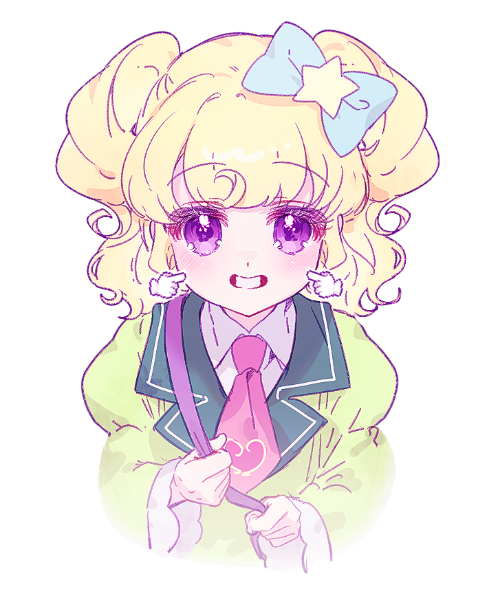 1girl :d avocado_academy_school_uniform blonde_hair blue_bow blush bow cheek_poking chuu0105 collared_shirt cropped_torso green_jacket hair_bow holding_strap idol_time_pripara jacket long_sleeves looking_at_viewer necktie open_mouth pink_necktie poking pretty_series pripara purple_eyes ringlets school_uniform shirt short_hair simple_background smile solo star_(symbol) two_side_up upper_body white_background white_shirt yumekawa_yui