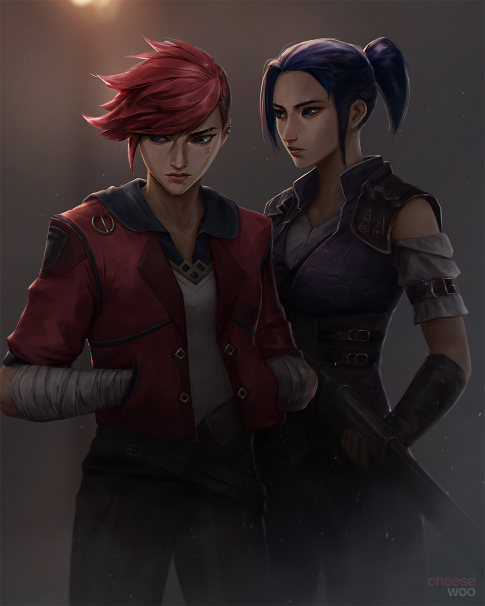 2girls arcane:_league_of_legends arcane_caitlyn arcane_vi arm_strap artist_name bandaged_arm bandages blue_hair caitlyn_(league_of_legends) cheesewoo closed_mouth facial_tattoo fog gun hands_in_pockets highres holding holding_gun holding_weapon jacket league_of_legends lips looking_ahead looking_to_the_side multiple_girls nose_piercing piercing pink_hair ponytail purple_vest red_jacket rifle short_hair tattoo vest vi_(league_of_legends) weapon
