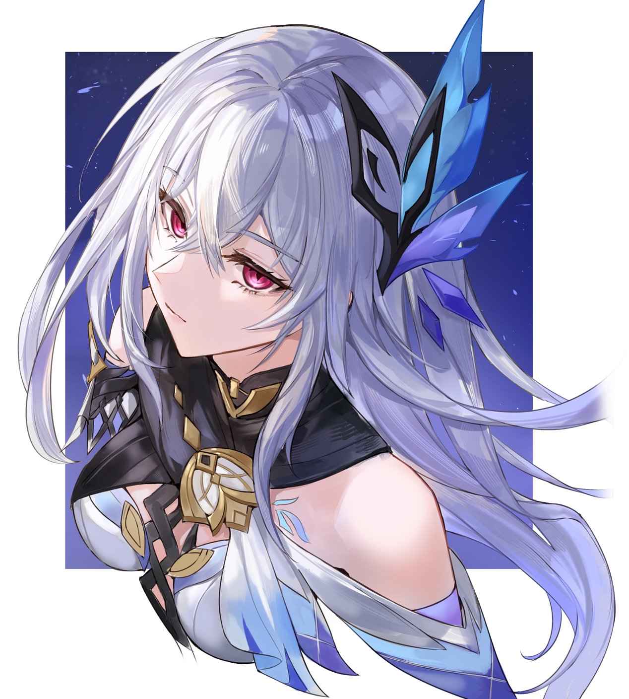 1girl bare_shoulders breasts butterfly_hair_ornament closed_mouth crossed_bangs detached_sleeves expressionless genshin_impact grey_hair hair_between_eyes hair_ornament highres kachi long_hair looking_at_viewer medium_breasts red_eyes simple_background skirk_(genshin_impact) solo upper_body