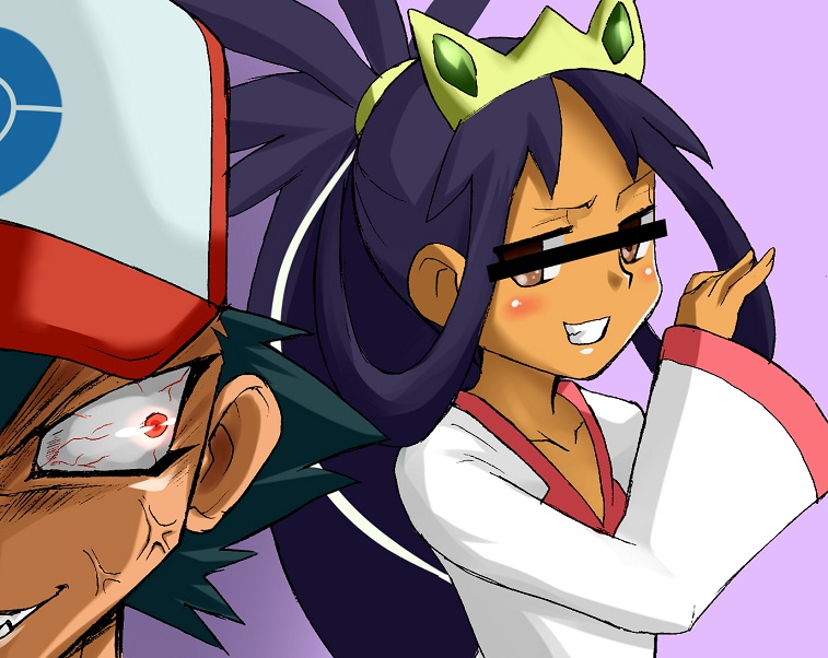 1boy 1girl anger_vein ash_ketchum bad_id bad_pixiv_id bar_censor baseball_cap black_hair bloodshot_eyes blue_hair blush brown_eyes censored censored_identity child dark-skinned_female dark_persona dark_skin flat_chest glowing glowing_eyes gradient_background grin hair_rings hat high_ponytail iris_(pokemon) long_hair long_sleeves looking_at_another matsumoto_rica nintendo open_mouth parody poke_ball_print pokemon pokemon_(anime) pokemon_bw2 pokemon_bw_(anime) ponytail portrait purple_background red_eyes sharp_teeth short_hair smile smug style_parody teeth tiara troll_face turizao upper_body very_long_hair voice_actor_connection what wide_sleeves yu-gi-oh!