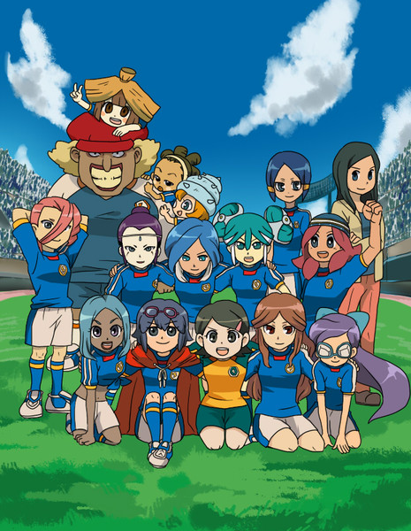 6+girls barazono_han cloud dmen female_focus inazuma_eleven inazuma_eleven_(series) kino_aki kira_hitomiko kneeling konko_araya kurakake_clara multiple_girls otonashi_haruna outdoors plant raimon_natsumi sitting sky standing sumeragi_maki takanashi_shinobu urabe_rika yagami_reina zaizen_touko