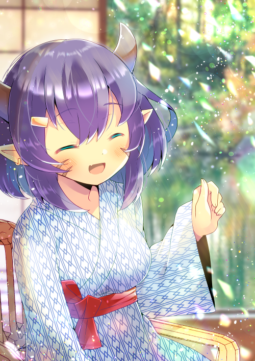 1girl :d ^_^ abukuma_(azur_lane) azur_lane blurry blurry_background blush breasts chair closed_eyes depth_of_field ear_piercing facial_mark facing_viewer fang hair_between_eyes hair_ornament hairclip hand_up horns japanese_clothes kimono kou_hiyoyo long_sleeves on_chair open_mouth piercing pointy_ears purple_hair sitting sleeves_past_wrists small_breasts smile solo white_kimono wide_sleeves