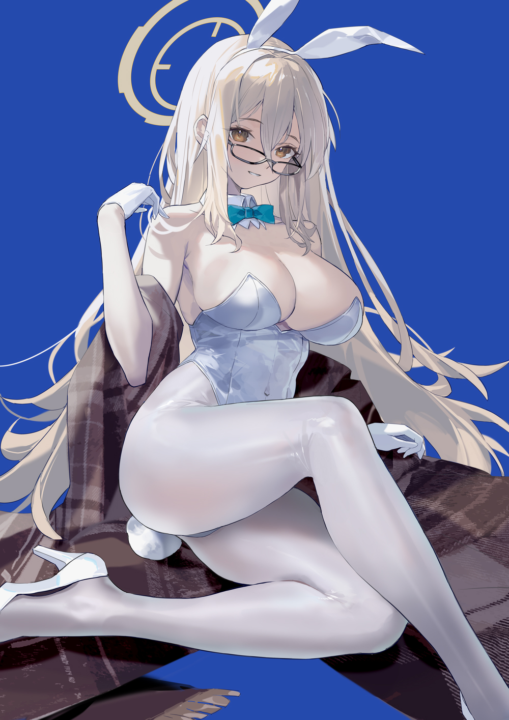 1girl akane_(blue_archive) akane_(bunny)_(blue_archive) animal_ears black-framed_eyewear blue_archive blue_background blue_bow bow breasts brown_eyes cleavage covered_navel detached_collar fake_animal_ears fake_tail gloves grin halo high_heels highres large_breasts leotard long_hair miyazakisoul official_alternate_costume pantyhose rabbit_ears rabbit_tail simple_background smile solo strapless strapless_leotard tail very_long_hair white_footwear white_gloves white_leotard white_pantyhose
