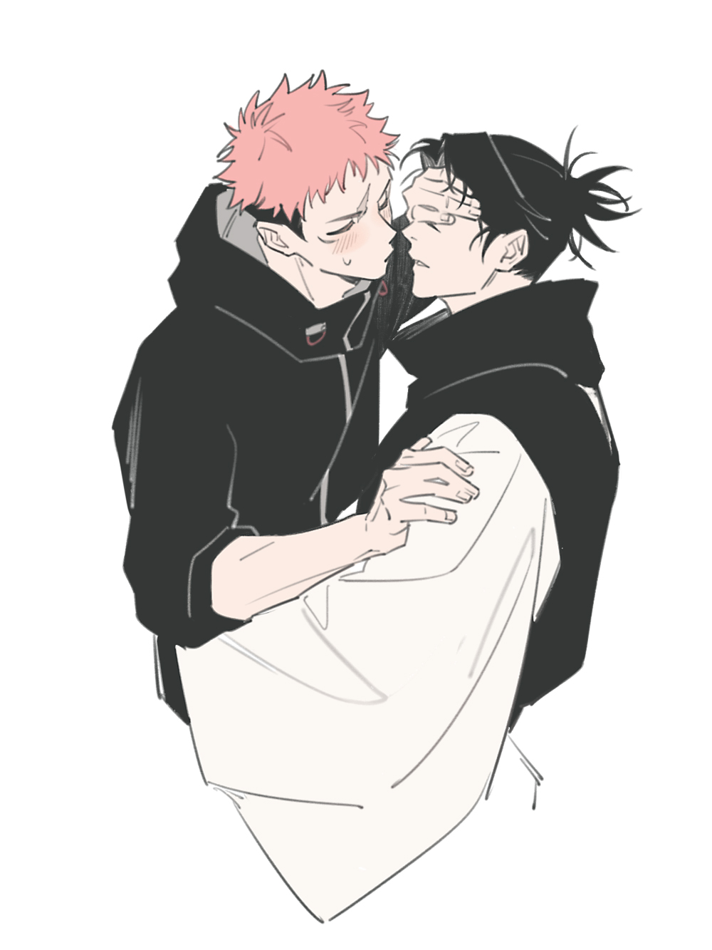2boys black_hair black_jacket choso_(jujutsu_kaisen) closed_eyes collared_jacket commentary cropped_torso hand_on_another&#039;s_arm hand_over_another&#039;s_eyes highres imminent_kiss itadori_yuuji jacket jujutsu_kaisen long_sleeves male_focus multicolored_hair multiple_boys nervous_sweating parted_lips pink_hair popped_collar robe scar scar_on_face sideburns simple_background sweat symbol-only_commentary two-tone_hair white_background white_robe wide_sleeves yaoi yi_(826805607)