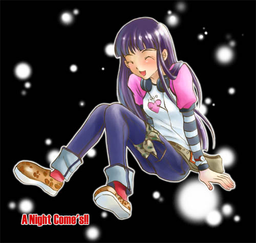 1999 1girl 2000s_(style) bad_id black_background blue_pants blunt_bangs brown_shoes closed_eyes headphones headphones_around_neck long_hair lowres miwasaka_manami open_mouth pants pink_sleeves purple_hair raglan_sleeves red_socks shirt shoes smile socks solo striped_sleeves tachibana_sakuya_(matsurika) white_shirt yoru_ga_kuru!