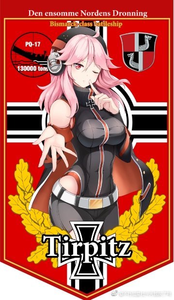 1girl behind-the-head_headphones belt breasts buxiuhongxingshe_jintiantuopinlema english_text finger_to_mouth flag_background headphones large_breasts logo long_hair looking_at_viewer one_eye_closed pink_eyes pink_hair red_eyes solo tirpitz_(warship_girls_r) warship_girls_r watermark weibo_watermark