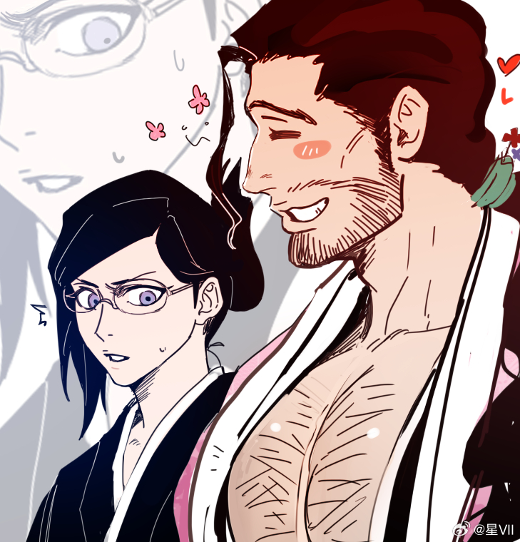 1boy 1girl bara bleach breast_envy bursting_pectorals from_side girl_staring_at_guy&#039;s_chest_(meme) happy_aura ise_nanao kyouraku_shunsui large_pectorals looking_at_another mature_male meme muscular muscular_male nanoli21 pectoral_cleavage pectorals short_hair sparse_chest_hair three_quarter_view upper_body