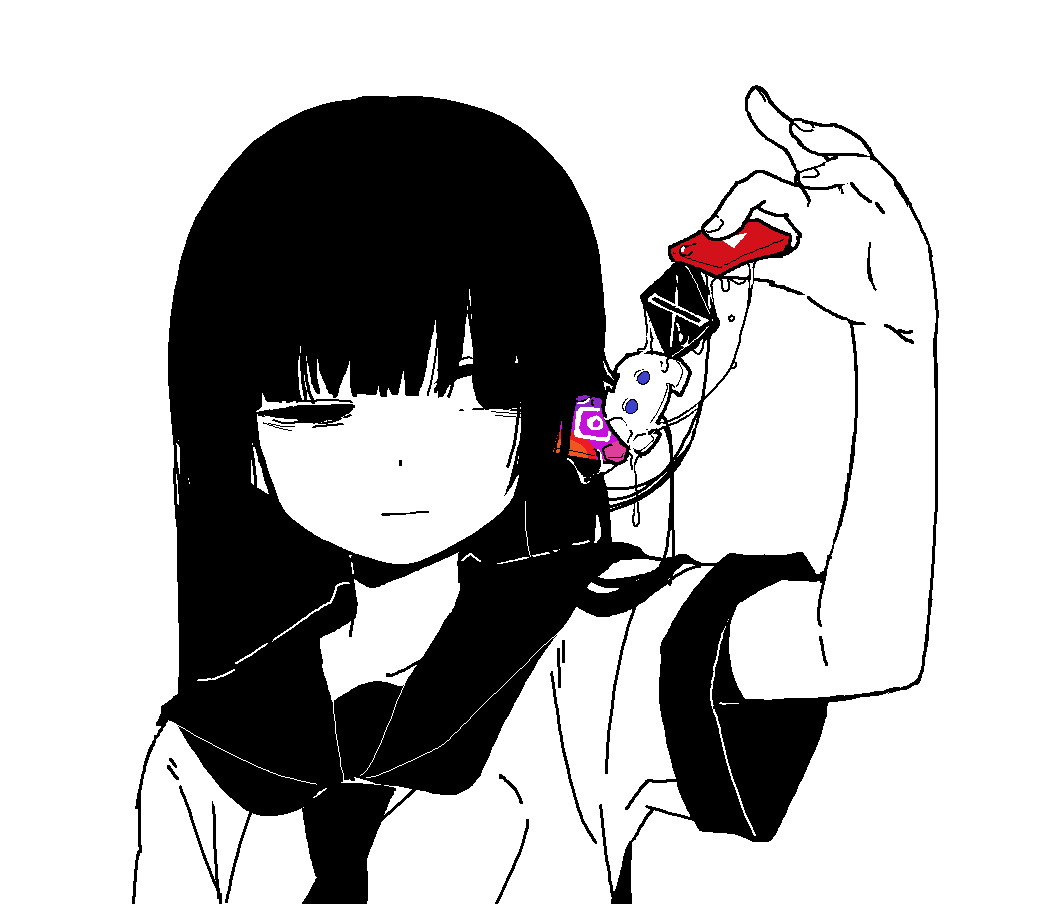 1girl bbyong403 blunt_bangs closed_mouth commentary discord discord_logo english_commentary greyscale hair_between_eyes holding instagram instagram_logo long_hair monochrome neckerchief one_eye_closed original sailor_collar school_uniform serafuku short_sleeves simple_background solo spot_color twitter twitter_x_logo upper_body youtube youtube_logo