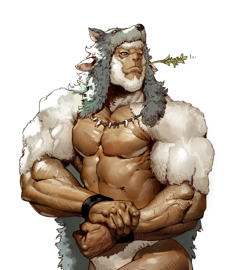 1boy abs animal_ears bare_pectorals beard body_fur bodybuilder bracelet check_copyright copyright_request cowboy_shot dark-skinned_male dark_skin facial_hair flexing jewelry large_pectorals male_focus mature_male mint monkey_boy motion_lines muscular muscular_male necklace no_nipples obliques original pectorals short_hair side_chest_pose snout solo tahra tooth_necklace tribal veins veiny_arms white_fur white_hair wolf_hood