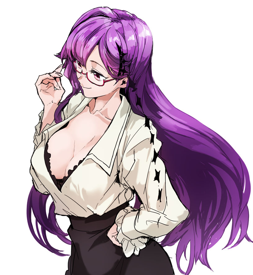 10s 1girl black_skirt breasts cleavage fantasista_doll female_focus glasses hairband hand_on_own_hip large_breasts long_hair madeleine_(fantasista_doll) purple_eyes purple_hair ruuto_(sorufu) semi-rimless_eyewear skirt smile solo under-rim_eyewear very_long_hair white_background