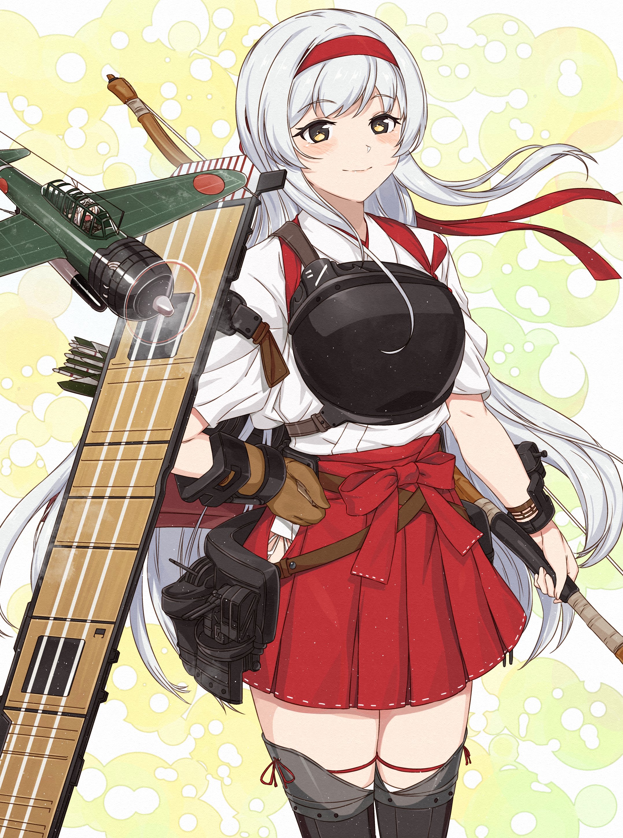 1girl absurdres anti-aircraft anti-aircraft_gun archery b6n_tenzan blush bow_(weapon) breasts brown_eyes clover_background gloves hair_ribbon hairband hakama hakama_short_skirt hakama_skirt headband highres japanese_clothes kanmiya_shinobu kantai_collection kyuudou long_hair muneate partially_fingerless_gloves partly_fingerless_gloves quiver red_hakama red_headband ribbon shoukaku_(kancolle) shoukaku_kai_ni_(kancolle) skirt smile solo tasuki thighhighs twintails weapon white_hair yellow_background yugake