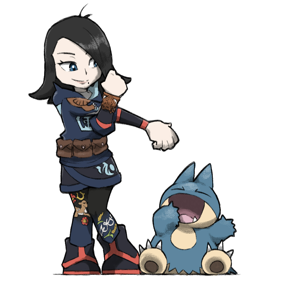 1girl alternate_hairstyle black_footwear black_hair blacknirrow blue_eyes blue_shirt blue_skirt closed_eyes closed_mouth diamond_clan_outfit eyelashes fang full_body gen_2_pokemon gen_4_pokemon gradient_legwear hair_down hood hood_down long_hair mai_(pokemon) mole mole_under_mouth munchlax nintendo open_mouth pokemon pokemon_(creature) pokemon_legends:_arceus shirt simple_background sitting skirt smile standing stantler stretching yawning