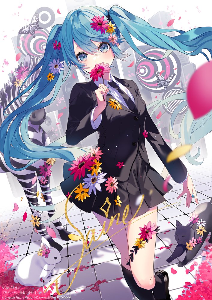 1girl animal aqua_eyes aqua_hair aqua_nails artist_name black_cat black_jacket black_necktie black_skirt black_socks bug butterfly cat cat_stretch commentary covering_own_mouth falling_petals feet_out_of_frame floating_hair flower flower_over_mouth formal_clothes hand_up hatsune_miku hatsune_miku_(saihate) hatsune_miku_happy_16th_birthday_-dear_creators- holding holding_flower insect jacket kneehighs long_hair looking_at_viewer miniskirt nail_polish necktie petals pink_flower pleated_skirt purple_flower rabbit saihate_(vocaloid) saine second-party_source shirt skirt socks solo speaker standing stretching suit suit_jacket tile_floor tiles twintails very_long_hair vocaloid white_butterfly white_shirt yellow_flower zebra