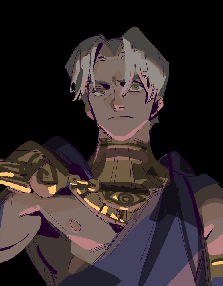1boy armor bare_pectorals black_background black_robe closed_mouth commentary dark-skinned_male dark_skin english_commentary frown gold_necklace greco-roman_clothes hades_(series) hades_1 jewelry male_focus necklace nipples parted_bangs pauldrons pectorals prema-ja robe short_hair shoulder_armor single_pauldron solo thanatos_(hades) upper_body white_hair yellow_eyes
