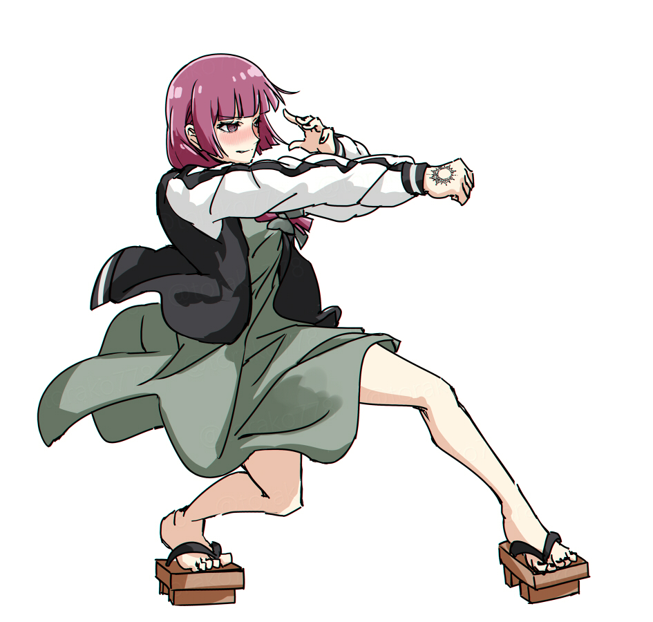 1girl black_jacket black_nails blush bocchi_the_rock! bow dress fighting_game fingernails full_body geta green_bow green_dress guilty_gear hair_bow hair_over_shoulder hiroi_kikuri jacket long_hair long_sleeves medium_dress nail_polish nose_blush open_clothes open_jacket pink_eyes pink_hair simple_background slayer_(guilty_gear) solo toenails torako_(toramaru) white_background white_jacket