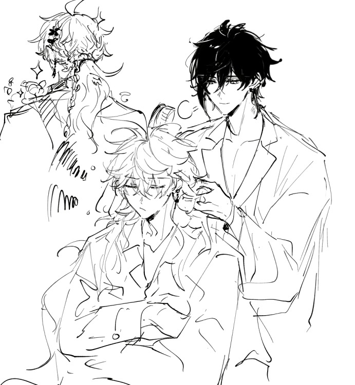 2boys alternate_hairstyle brushing_hair genshin_impact greyscale hamtaru542899 long_hair low_ponytail monochrome mors_gn multiple_boys ponytail sparkle tartaglia_(genshin_impact) tartali.club white_background yaoi zhongli_(genshin_impact)
