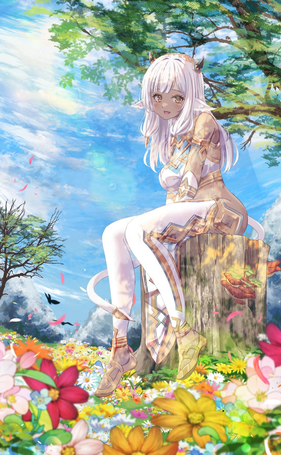 1girl animal_ears ash_(fire_emblem) bare_hips bare_shoulders black_horns breasts bug butterfly cow_ears cow_girl cow_horns cow_tail crop_top dark-skinned_female dark_skin field fire_emblem fire_emblem_heroes flower flower_field full_body fuussu_(21-kazin) highres horns insect long_hair looking_at_viewer medium_breasts mountain nintendo pants petals sitting sky smile solo tail tank_top thighs tree white_hair white_pants white_tank_top yellow_eyes
