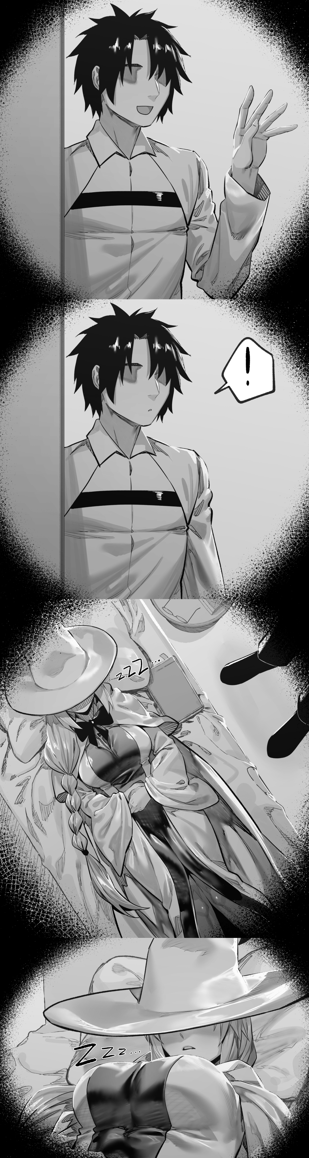 1boy 1girl absurdres aesc_(fate) aesc_(rain_witch)_(fate) breasts comic fate/grand_order fate_(series) fujimaru_ritsuka_(male) greyscale hat highres hxd large_breasts lying monochrome on_back silent_comic sleeping witch_hat