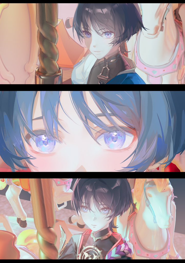 3boys black_bodysuit black_hair black_kimono blue_eyes blunt_ends bodysuit carousel closed_mouth dterl eyeliner eyeshadow genshin_impact gold grey_eyes han&#039;eri japanese_clothes jewelry kimono layered_kimono looking_past_viewer makeup mandarin_collar mitsudomoe_(shape) multiple_boys multiple_persona neck_ring open_clothes open_kimono purple_eyes purple_hair purple_rope red_eyeliner red_eyeshadow rope scaramouche_(genshin_impact) scaramouche_(kabukimono)_(genshin_impact) shimenawa short_sleeves shoulder_peek sitting tomoe_(symbol) wanderer_(genshin_impact) white_kimono white_rope white_sleeves