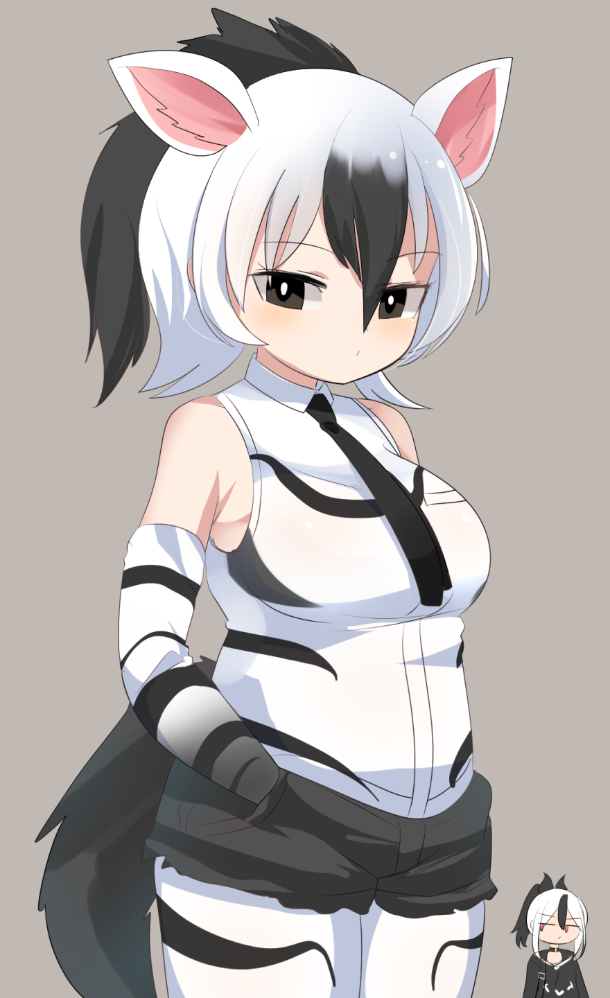 2girls aardwolf_(kemono_friends) bare_shoulders black_eyes black_gloves black_hair black_shorts blue_archive breasts bright_pupils closed_mouth commentary_request cowboy_shot crossover elbow_gloves expressionless gloves grey_background hair_between_eyes hands_in_pockets highres hyena_ears hyena_girl hyena_tail kayoko_(blue_archive) kemono_friends large_breasts lets0020 long_bangs look-alike looking_at_viewer multicolored_hair multiple_girls panties pantyhose pantyhose_under_shorts ponytail red_eyes shirt short_hair shorts simple_background sleeveless sleeveless_shirt solo_focus striped_clothes striped_gloves two-tone_hair underwear white_gloves white_hair white_panties white_pupils white_shirt